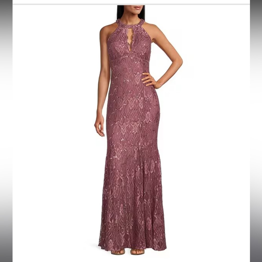 Elegant Lace Halter Maxi Dress - mauve